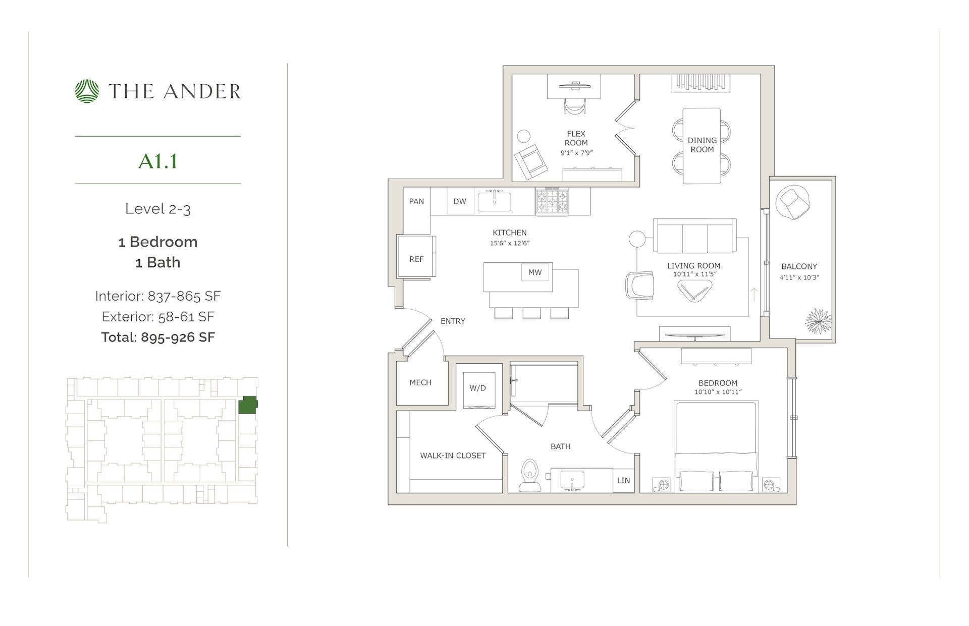 2D floor plan layout for the A1.1 by Ledgestone Development Group in The Ander, Austin, TX (Image 1).