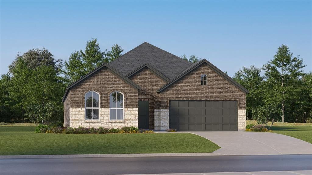 View of front of house featuring stone siding, a front yard, concrete driveway, brick siding, and an attached garage View of front of house featuring stone siding, a front yard, concrete driveway, brick siding, and an attached garage