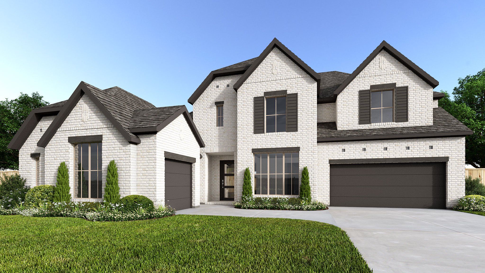 Front exterior of a new home in Megan's Landing, Castroville, TX, highlighting curb appeal (Image 1). Front exterior of a new home in Megan's Landing, Castroville, TX, highlighting curb appeal (Image 1).