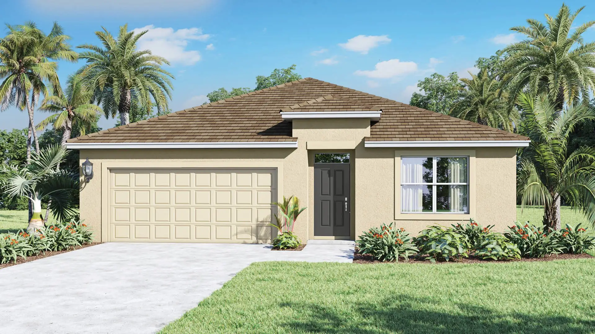 Front exterior of a new home in Port St. Lucie Spot Lots, Port St. Lucie, FL, highlighting curb appeal (Image 1).