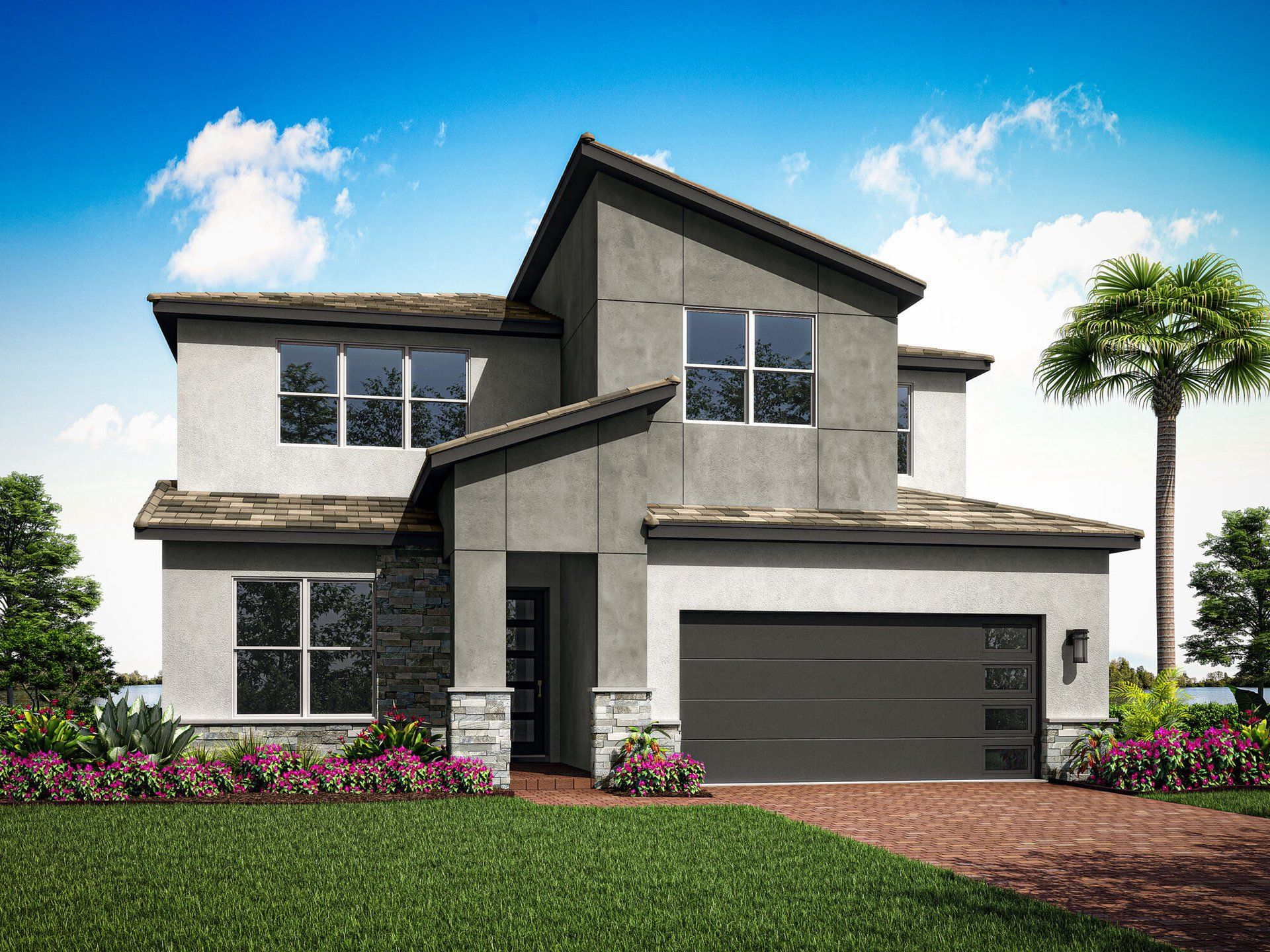 Front exterior of a new home in Tradition - Seville, Port St. Lucie, FL, highlighting curb appeal (Image 1).