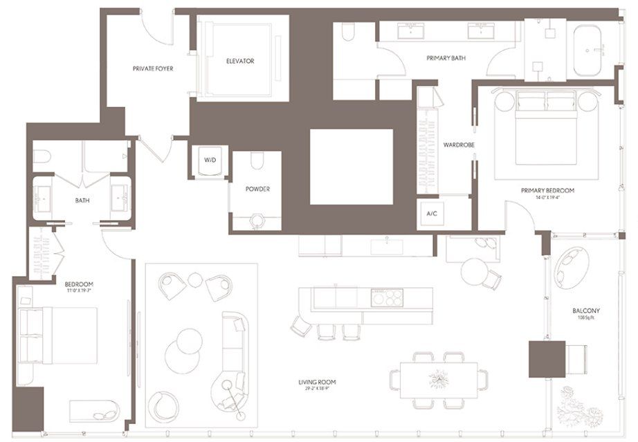 2D floor plan layout for the Residence 03 LVL 50-59 by Property Markets Group in Waldorf Astoria Residences Miami, Miami, FL (Image 1).