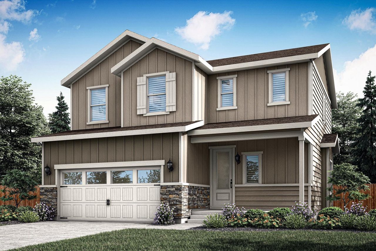 Front exterior of a home in the Second Creek Farm community, located in Commerce City, CO (Image 2).