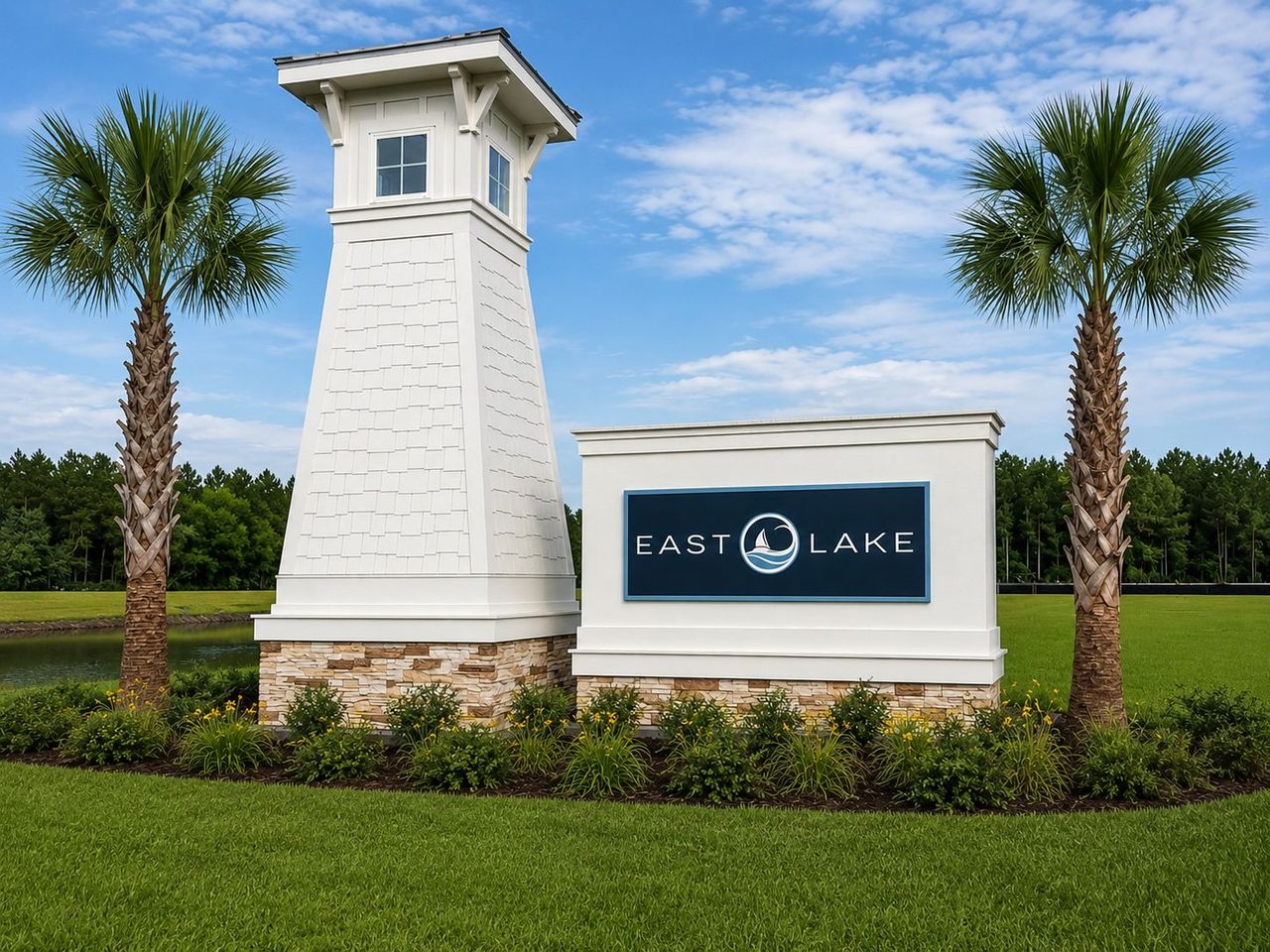 Entrance to the East Lake community in Leland, NC, featuring signage and landscaping (Image 2). Entrance to the East Lake community in Leland, NC, featuring signage and landscaping (Image 2).