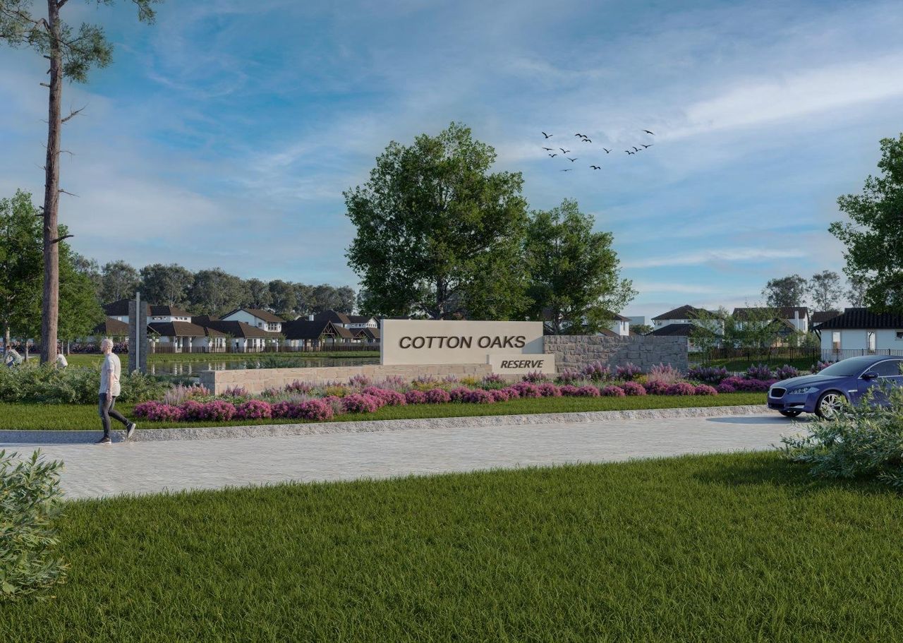 Entrance to the Cotton Oaks community in The Woodlands, TX, featuring signage and landscaping (Image 2). Entrance to the Cotton Oaks community in The Woodlands, TX, featuring signage and landscaping (Image 2).