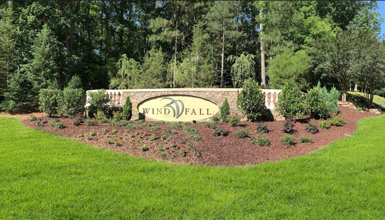Entrance to the Windfall community in Chapel Hill, NC, featuring signage and landscaping (Image 2).