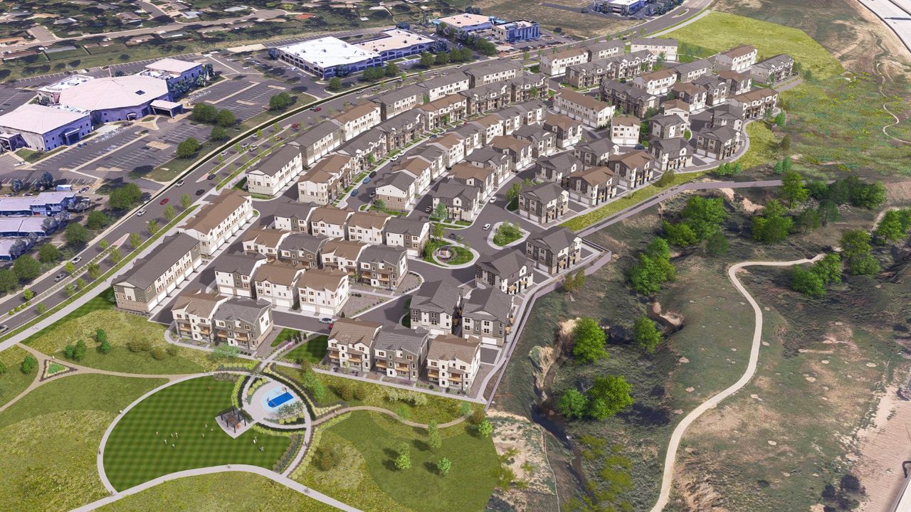 Aerial view of the The Willows at Lone Tree community in Lone Tree, CO, showing layout and nearby surroundings (Image 2). Aerial view of the The Willows at Lone Tree community in Lone Tree, CO, showing layout and nearby surroundings (Image 2).