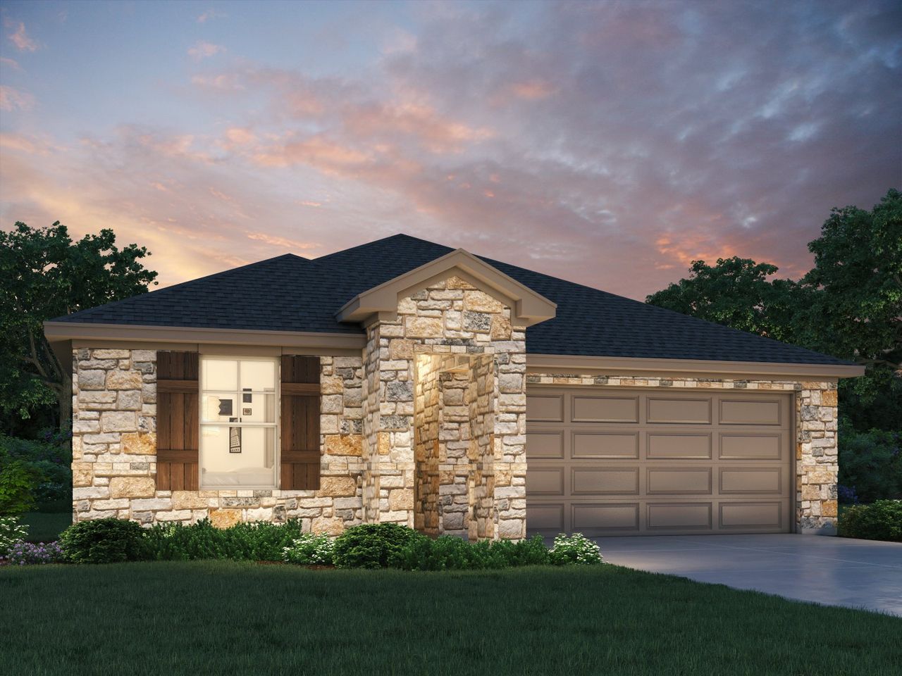 Representative exterior photo of a completed home built from the The Hughes (841) by Meritage Homes in Big Sky Ranch - Reserve Collection, Dripping Springs, TX (Image 2).