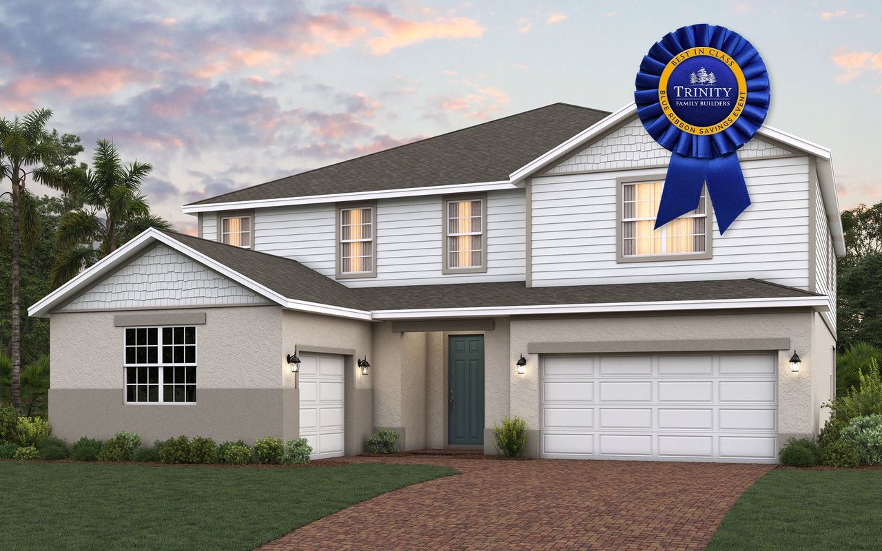 Front exterior of a new home in Trinity Gardens, Deland, FL, highlighting curb appeal (Image 2).