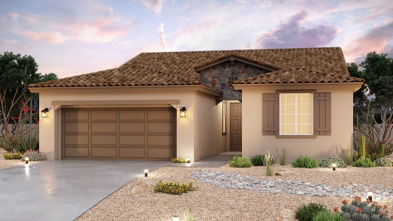 Representative exterior photo of a completed home built from the Castellano by DRB Homes in The Lakes at Rancho El Dorado, Maricopa, AZ (Image 2). Representative exterior photo of a completed home built from the Castellano by DRB Homes in The Lakes at Rancho El Dorado, Maricopa, AZ (Image 2).