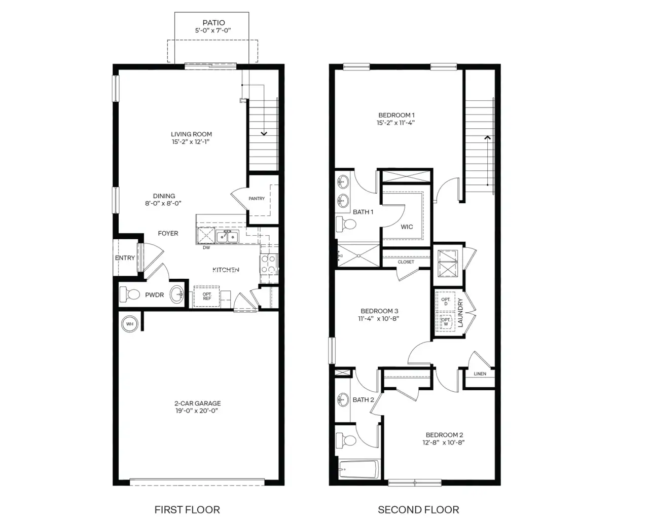 2D floor plan layout for the Perry End Unit by D.R. Horton in Odyssey Ridge Townhomes, Titusville, FL (Image 2).