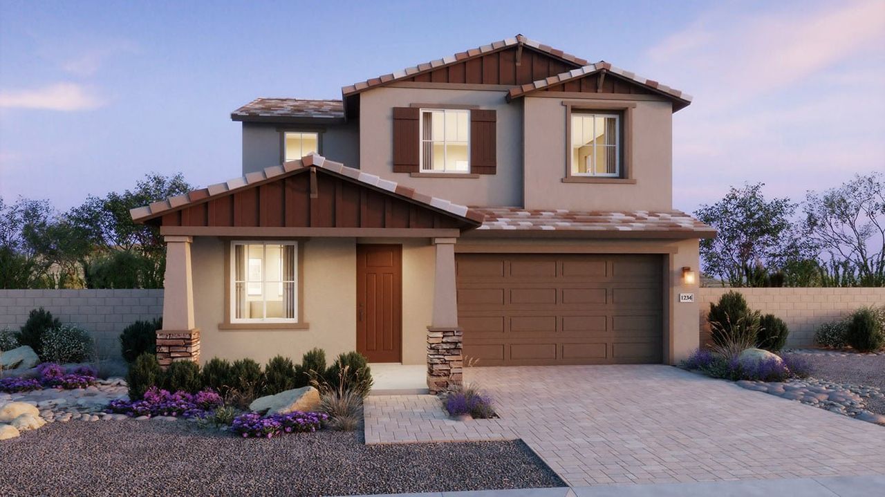 Representative exterior photo of a completed home built from the 3506 by Risewell Homes in North Creek, Queen Creek, AZ (Image 2).