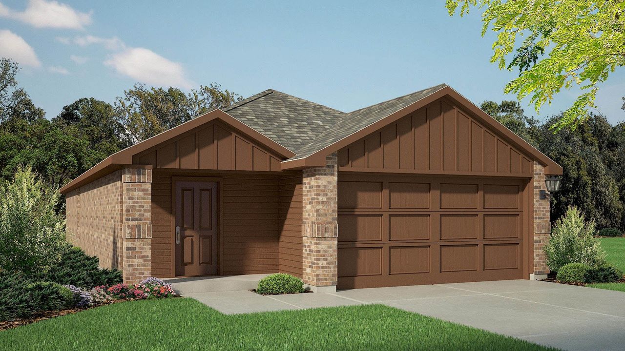 Representative exterior photo of a completed home built from the Caprock by D.R. Horton in The Canyons, Keene, TX (Image 2). Representative exterior photo of a completed home built from the Caprock by D.R. Horton in The Canyons, Keene, TX (Image 2).