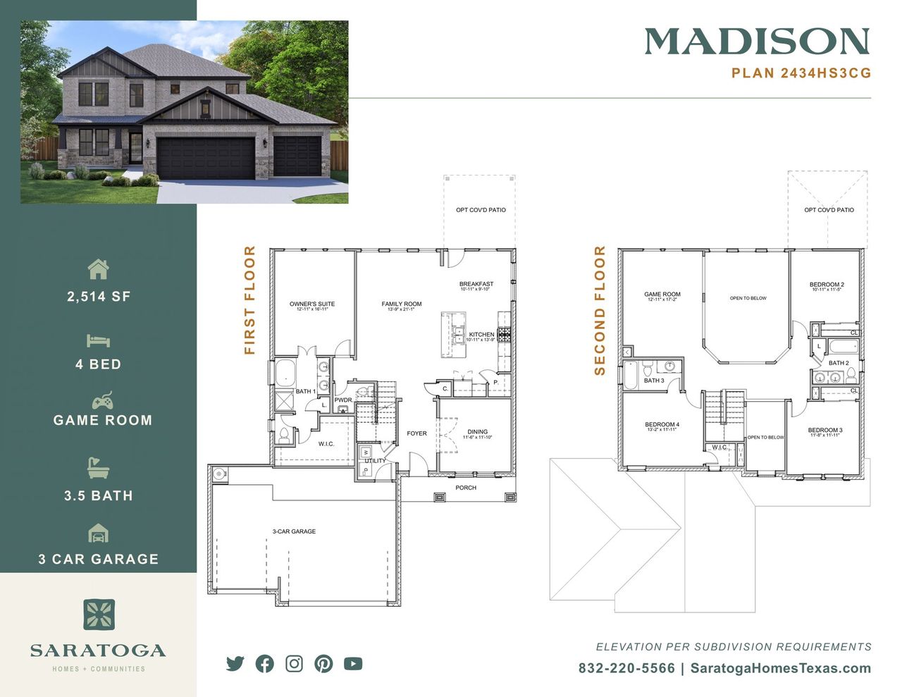 2D floor plan layout for the Madison 2434 B3CG by Saratoga Homes in Foxtail Palms, Manvel, TX (Image 2).