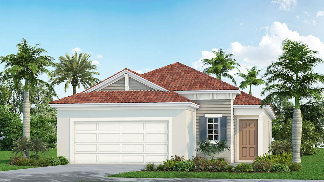 Front exterior of a new home in Grand Park Real Estate and Homes for Sale in Sarasota, FL - Neal Communities, Sarasota, FL, highlighting curb appeal (Image 2).