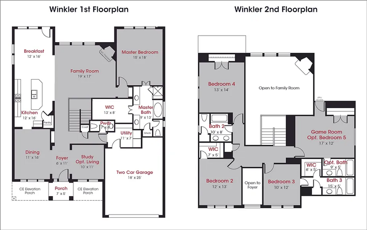2D floor plan layout for the Winkler by Kendall Homes in Deer Pines, Conroe, TX (Image 2). 2D floor plan layout for the Winkler by Kendall Homes in Deer Pines, Conroe, TX (Image 2).