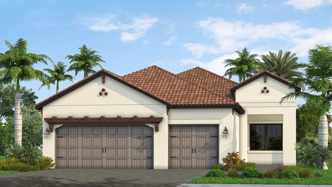 Front exterior of a new home in Verandah Real Estate and Homes for Sale in Fort Myers, FL - Neal Communities, Fort Myers, FL, highlighting curb appeal (Image 2).