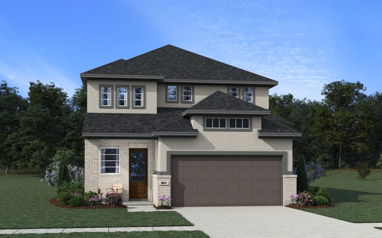 Representative exterior photo of a completed home built from the Portofino by Chesmar Homes in The George, Richmond, TX (Image 2).