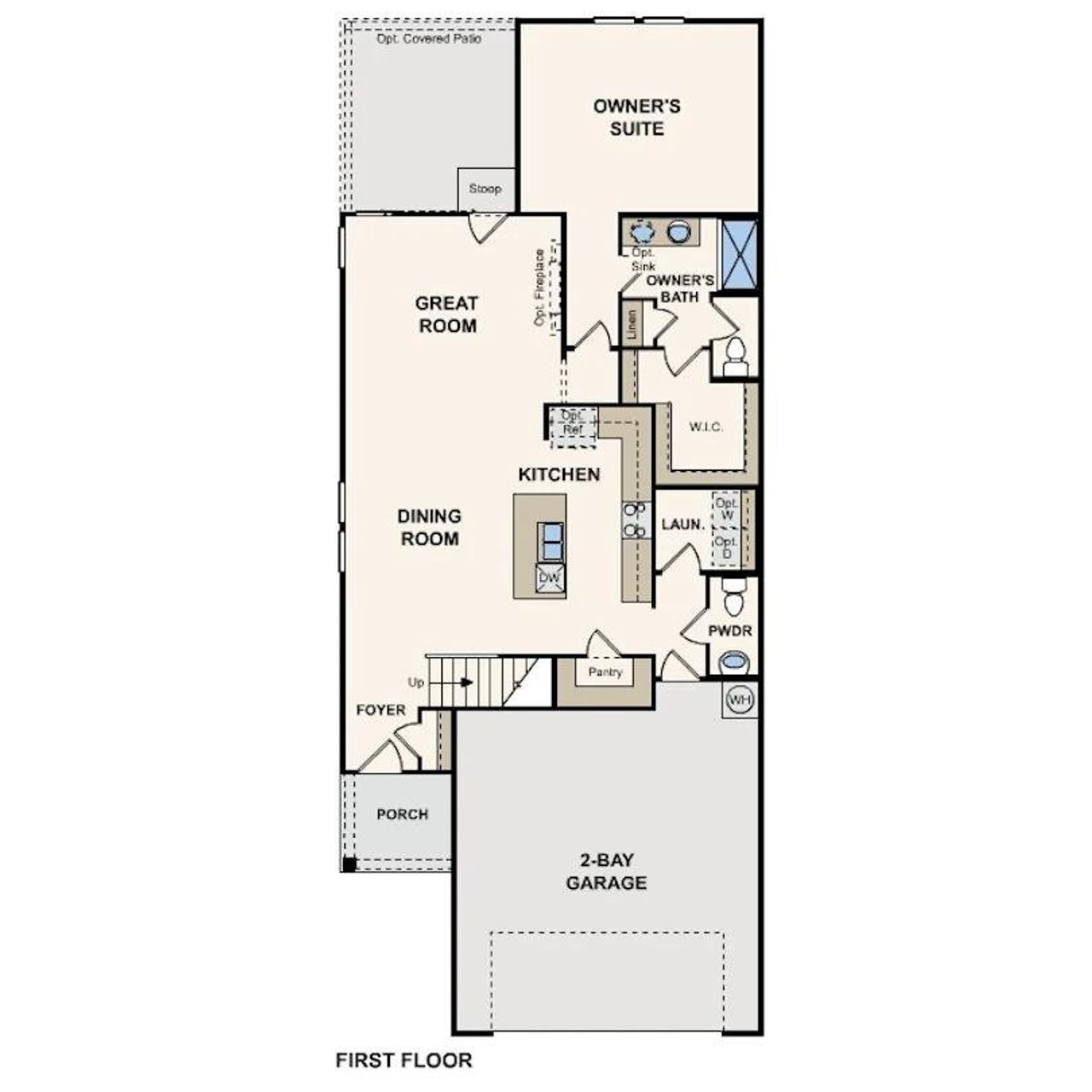 Floor plan showcasing a thoughtfully designed first floor with a spacious kitchen and owner's suite. Floor plan showcasing a thoughtfully designed first floor with a spacious kitchen and owner's suite.