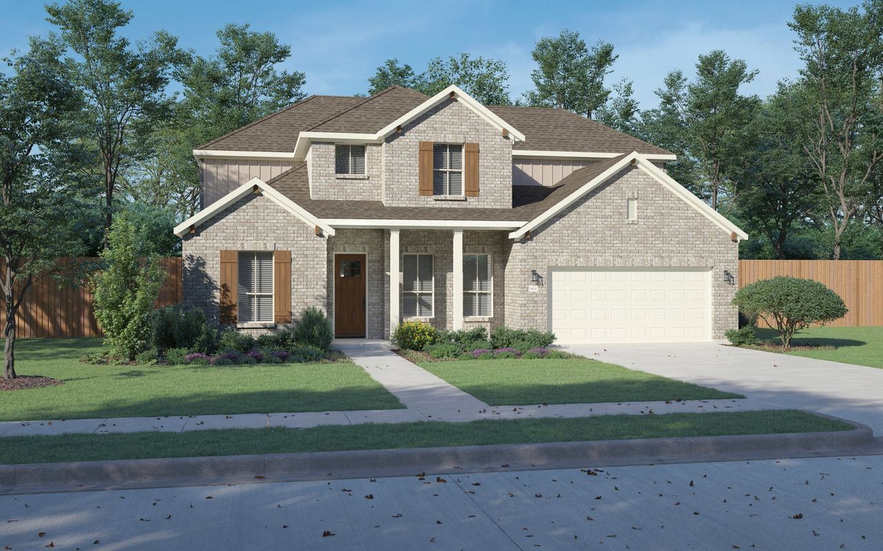 Front exterior of a new home in Painted Tree Lakeside, McKinney, TX, highlighting curb appeal (Image 2).