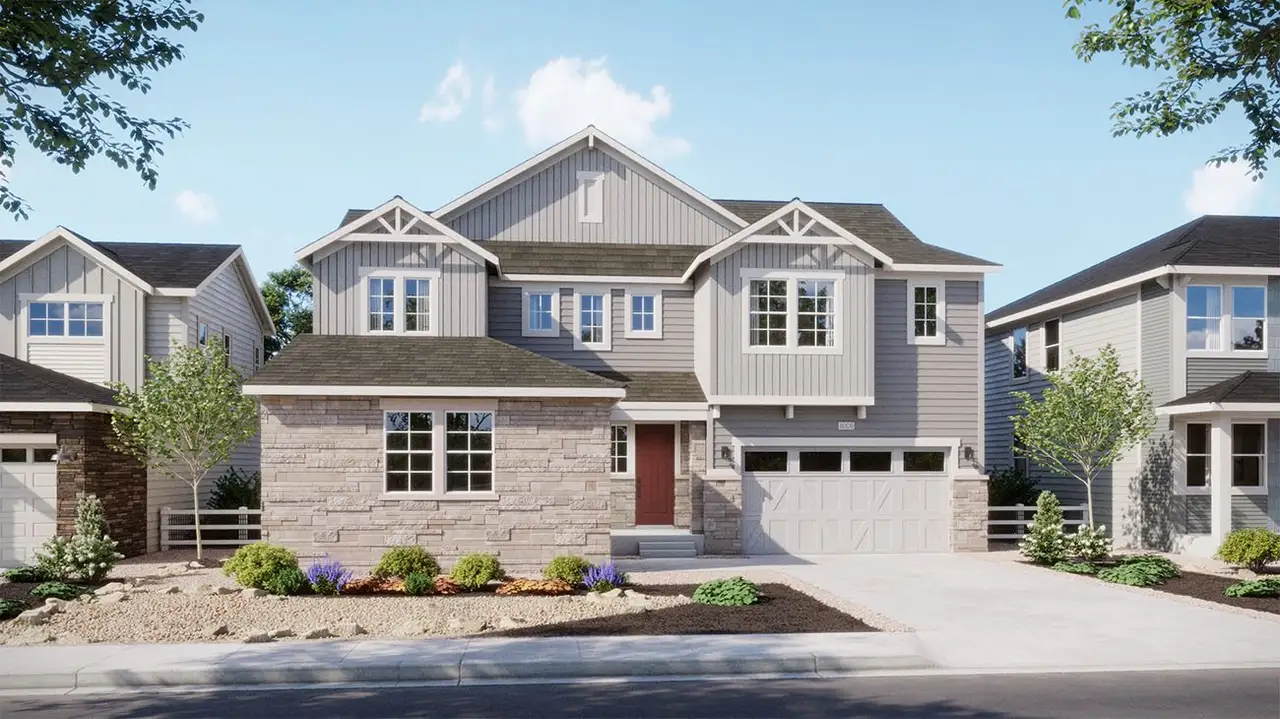 Front exterior of a new home in The Estates Collection at Murphy Creek, Aurora, CO, highlighting curb appeal (Image 2).