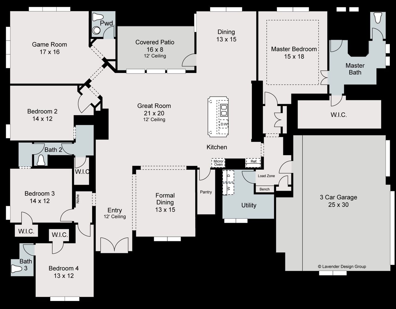 2D floor plan layout for the Granshire by Sitterle Homes in Enchanted Bluff, Garden Ridge, TX (Image 2). 2D floor plan layout for the Granshire by Sitterle Homes in Enchanted Bluff, Garden Ridge, TX (Image 2).