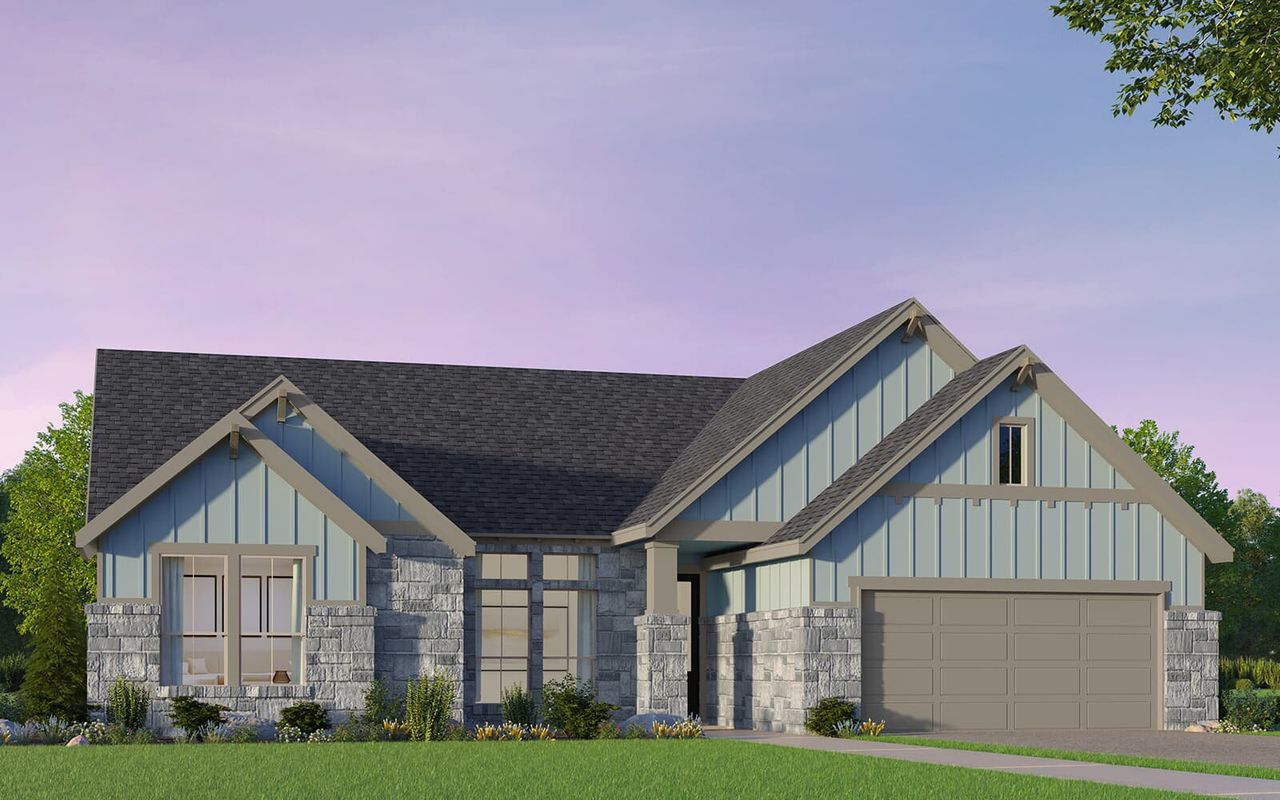 Representative exterior photo of a completed home built from the Palmer by Brookfield Residential in Cottage at Kissing Tree, San Marcos, TX (Image 2). Representative exterior photo of a completed home built from the Palmer by Brookfield Residential in Cottage at Kissing Tree, San Marcos, TX (Image 2).