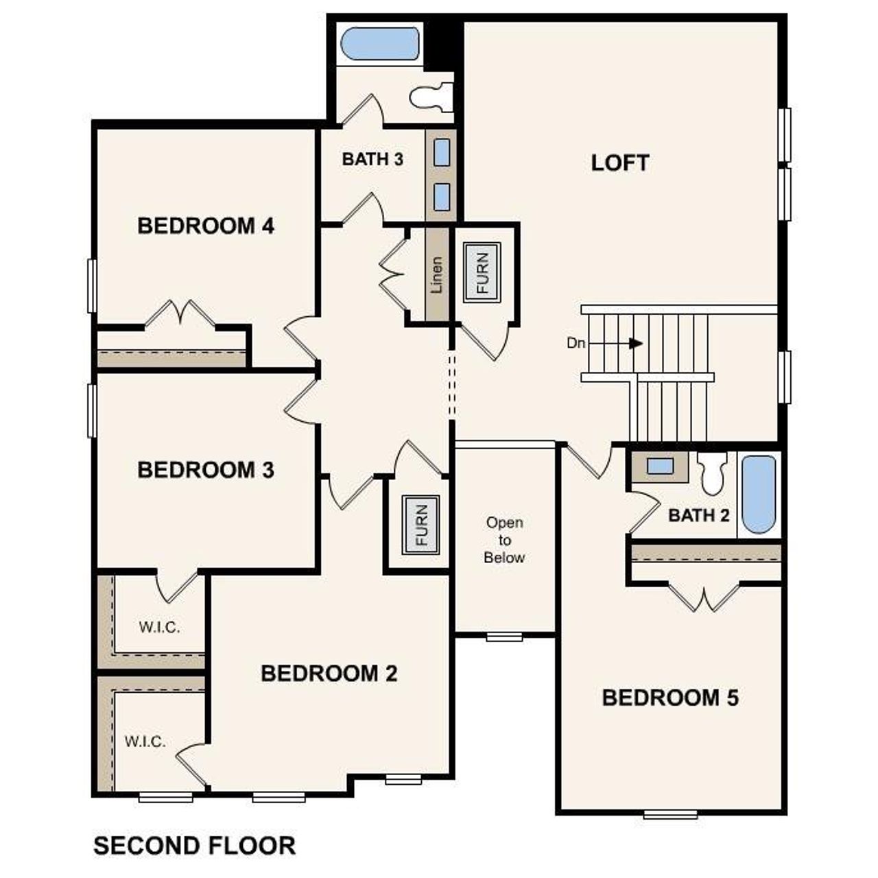 An organized floor plan showcases the spacious second-level layout.