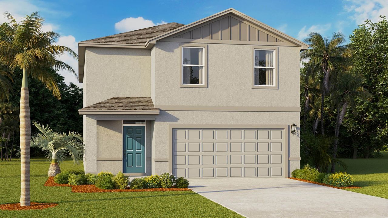 Representative exterior photo of a completed home built from the Crosscourt by D.R. Horton in Indian River Preserve, Mims, FL (Image 2).
