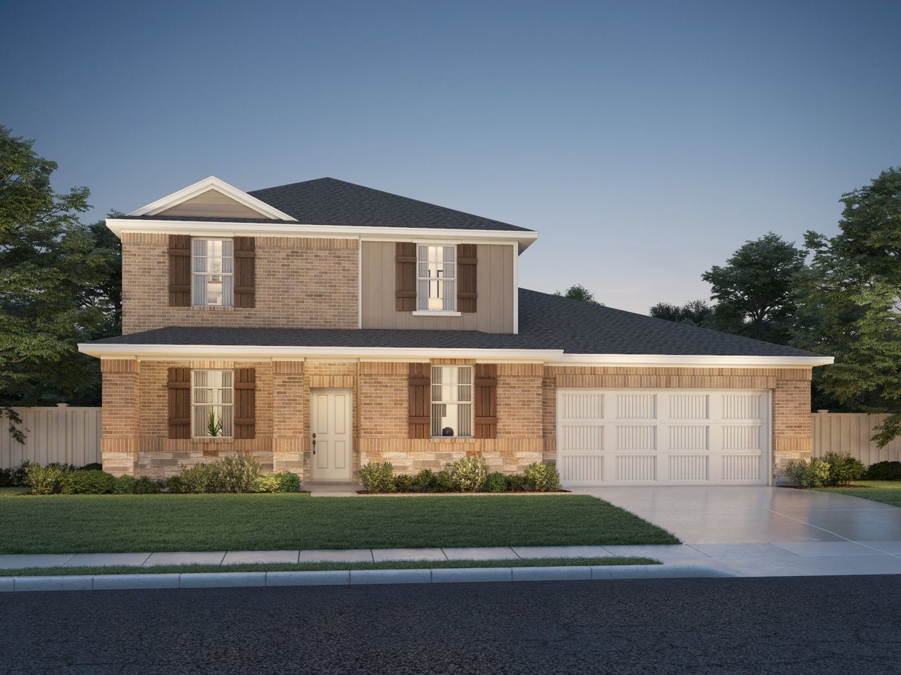 Representative exterior photo of a completed home built from the The Beacon by Meritage Homes in Opal Meadows, Kyle, TX (Image 2). Representative exterior photo of a completed home built from the The Beacon by Meritage Homes in Opal Meadows, Kyle, TX (Image 2).