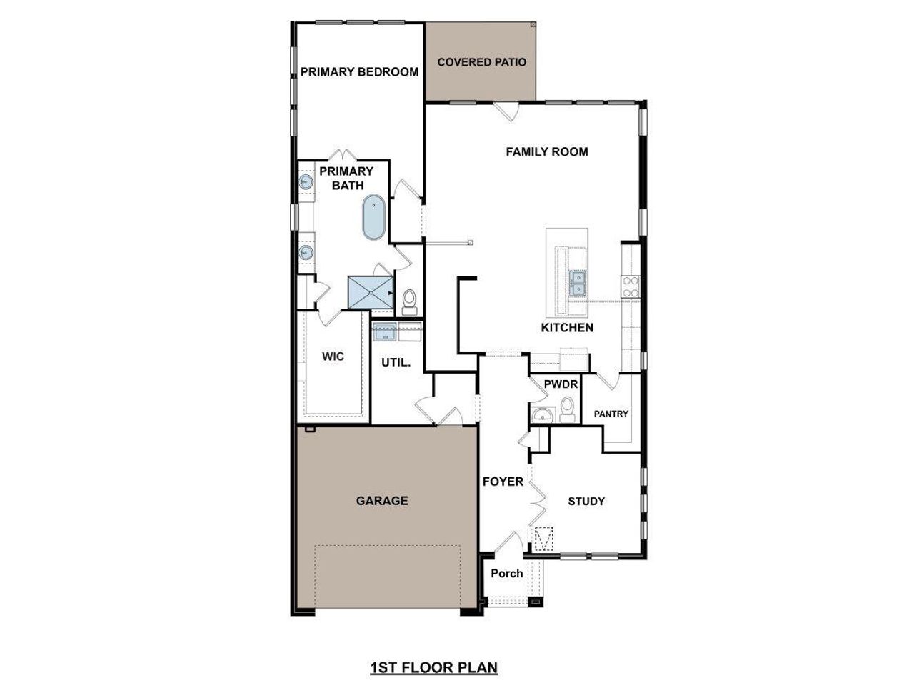A well-organized 1st floor plan featuring a primary suite, family room, kitchen, and covered patio.