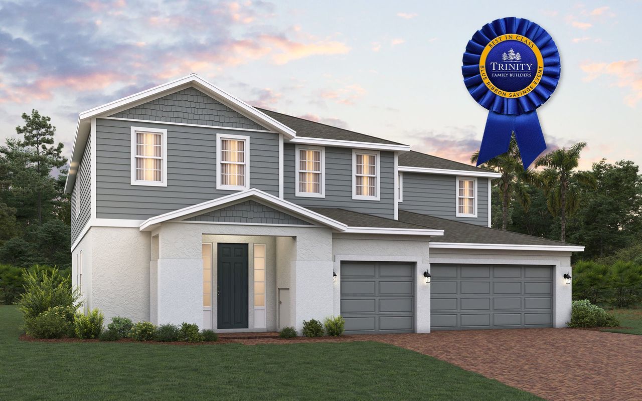 Front exterior of a new home in Trinity Gardens, Deland, FL, highlighting curb appeal (Image 2).