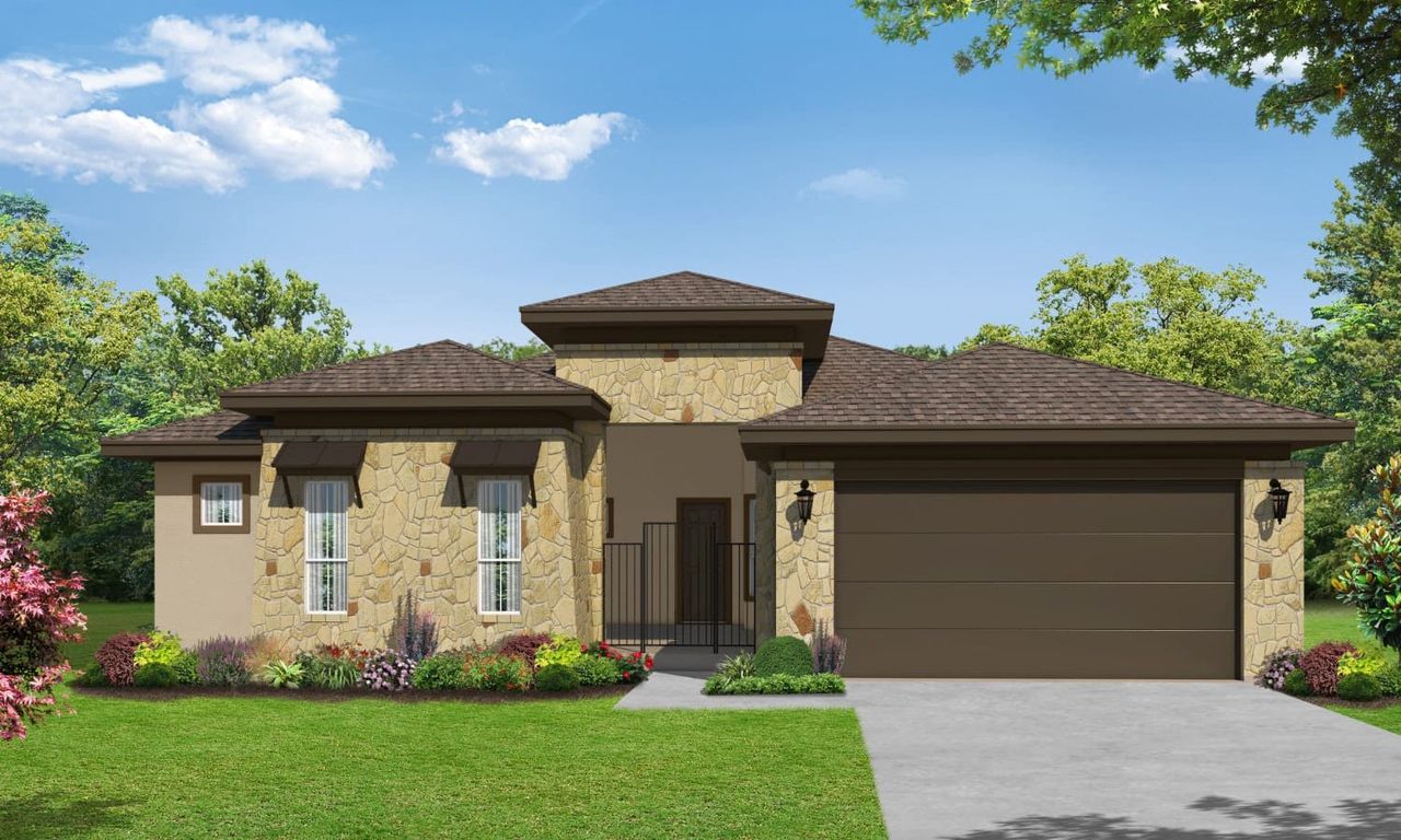 Representative exterior photo of a completed home built from the Rochelle by Sitterle Homes in El Sonido at Campanas, San Antonio, TX (Image 2).