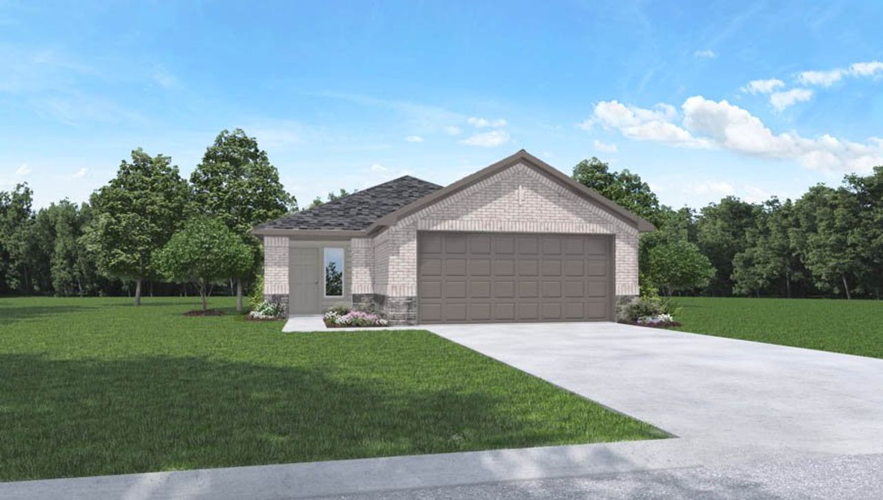Representative exterior photo of a completed home built from the Olivia by D.R. Horton in Presswoods, Splendora, TX (Image 2). Representative exterior photo of a completed home built from the Olivia by D.R. Horton in Presswoods, Splendora, TX (Image 2).
