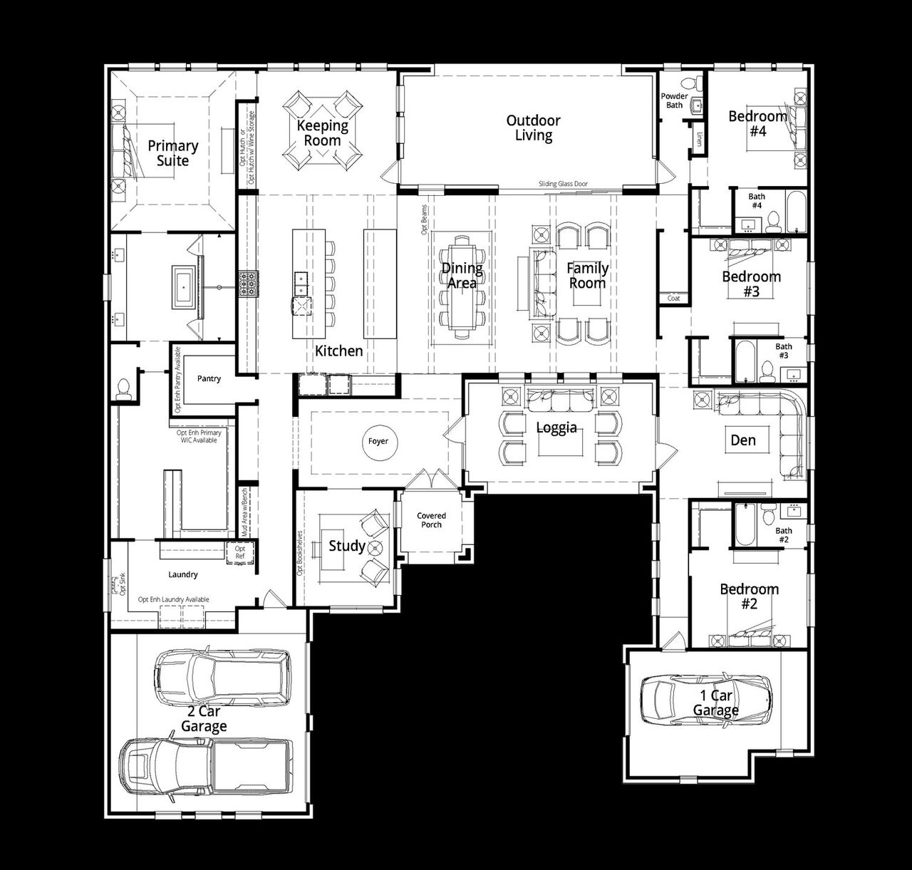 2D floor plan layout for the Juniper by Huntington Homes in McCreary Meadows, Parker, TX (Image 2). 2D floor plan layout for the Juniper by Huntington Homes in McCreary Meadows, Parker, TX (Image 2).