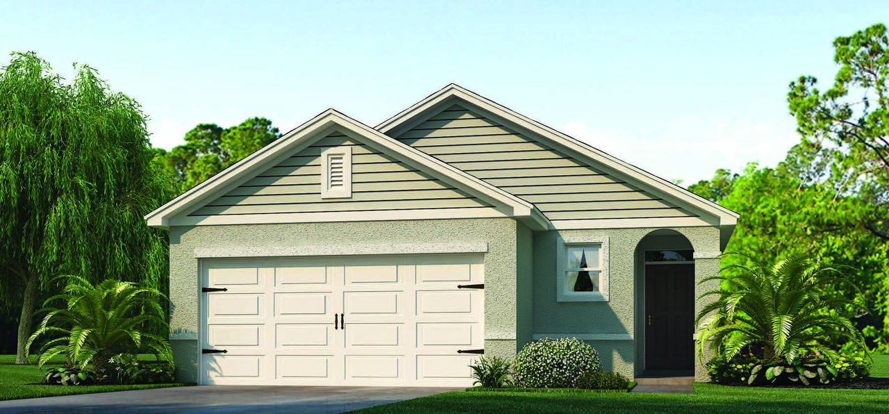 Front exterior of a new home in Cascades, Davenport, FL, highlighting curb appeal (Image 2).