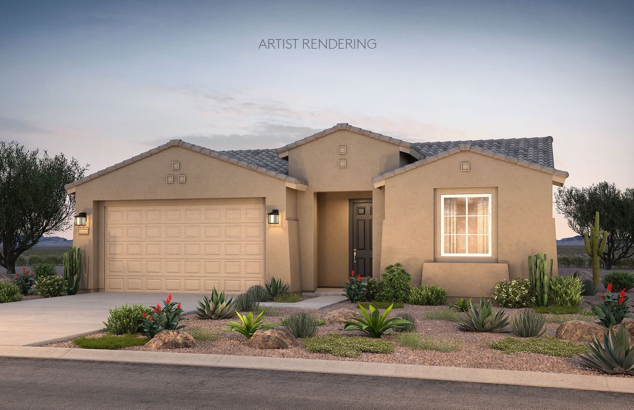 Front exterior of a new home in Del Webb at Rocking K, Tucson, AZ, highlighting curb appeal (Image 2). Front exterior of a new home in Del Webb at Rocking K, Tucson, AZ, highlighting curb appeal (Image 2).