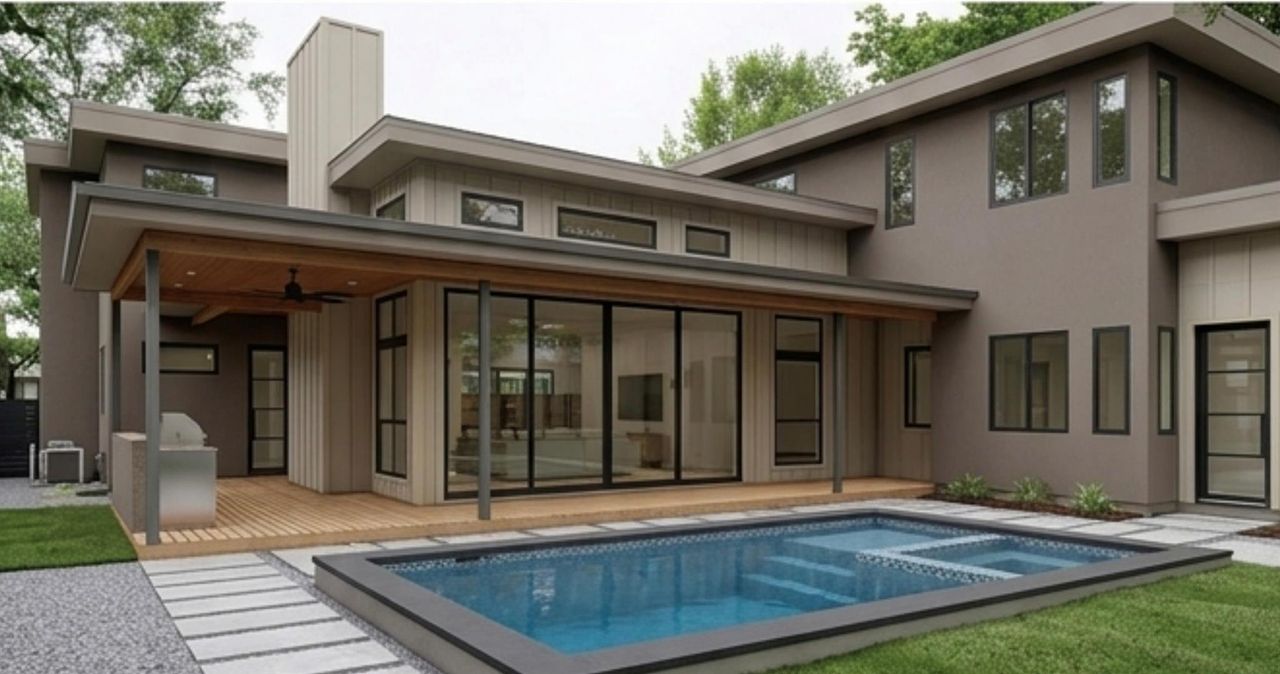 A modern exterior provides a private pool, outdoor kitchen, and spacious patio for outdoor entertaining.