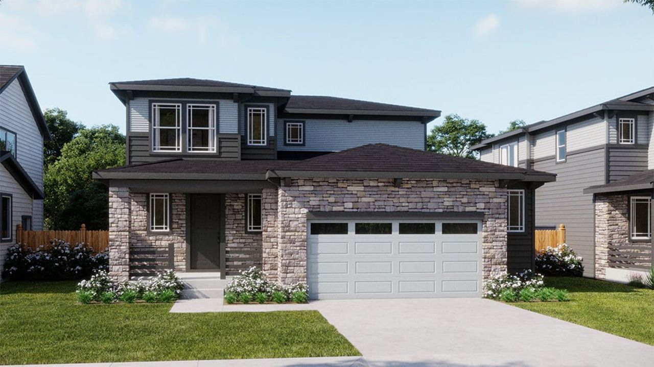Representative exterior photo of a completed home built from the 3501 by Risewell Homes in The Cottages Collection at Ridgeline Vista, Brighton, CO (Image 2).