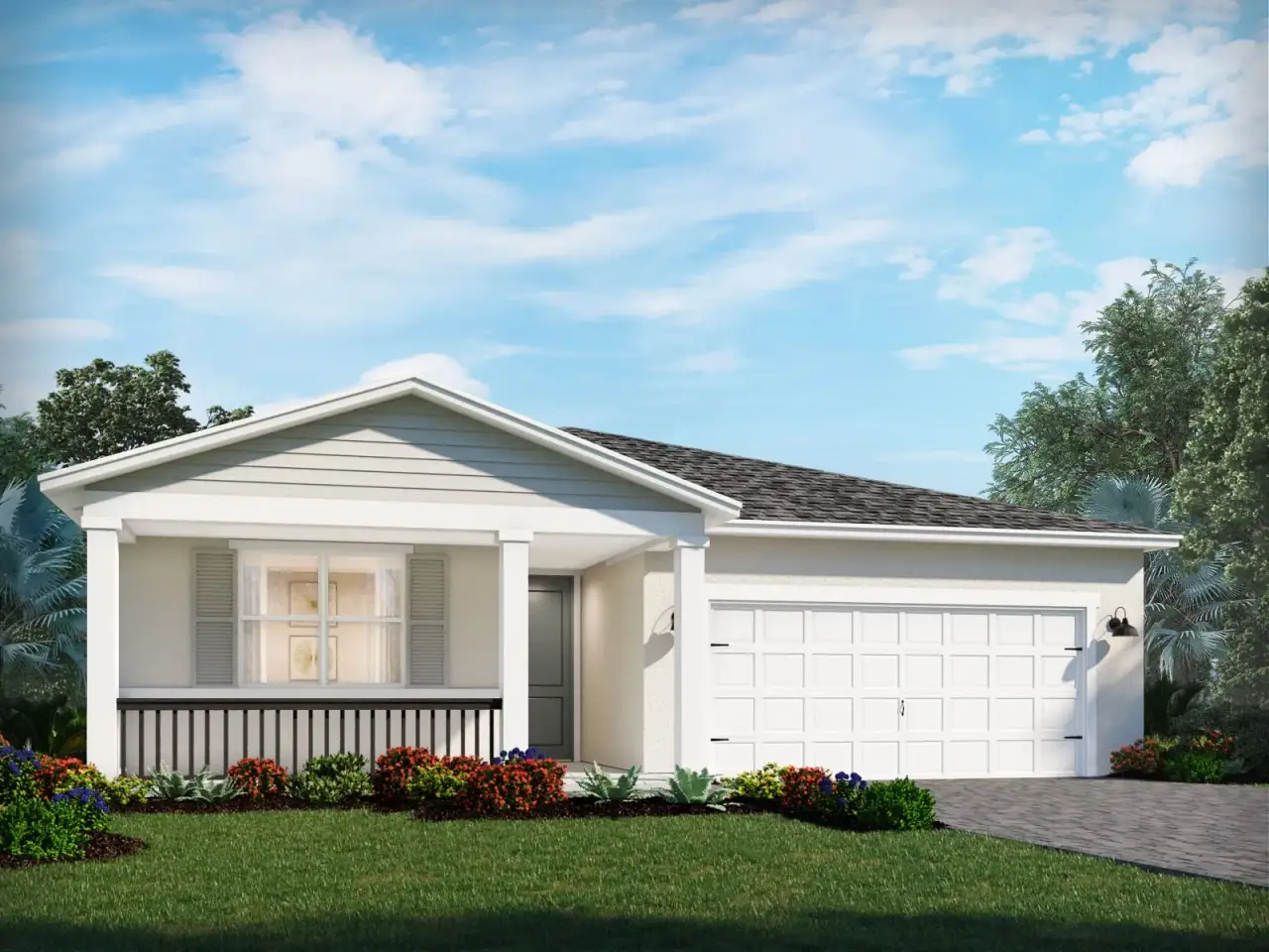 Front exterior of a new home in Crescent Lakes - Reserve Series, Punta Gorda, FL, highlighting curb appeal (Image 2). Front exterior of a new home in Crescent Lakes - Reserve Series, Punta Gorda, FL, highlighting curb appeal (Image 2).