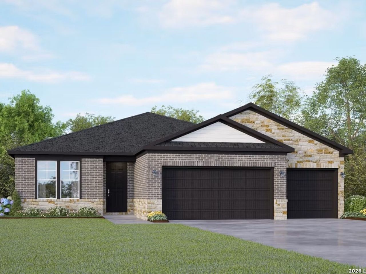 Front exterior of a new home in The Reserve at Potranco Oaks, Castroville, TX, highlighting curb appeal (Image 2).