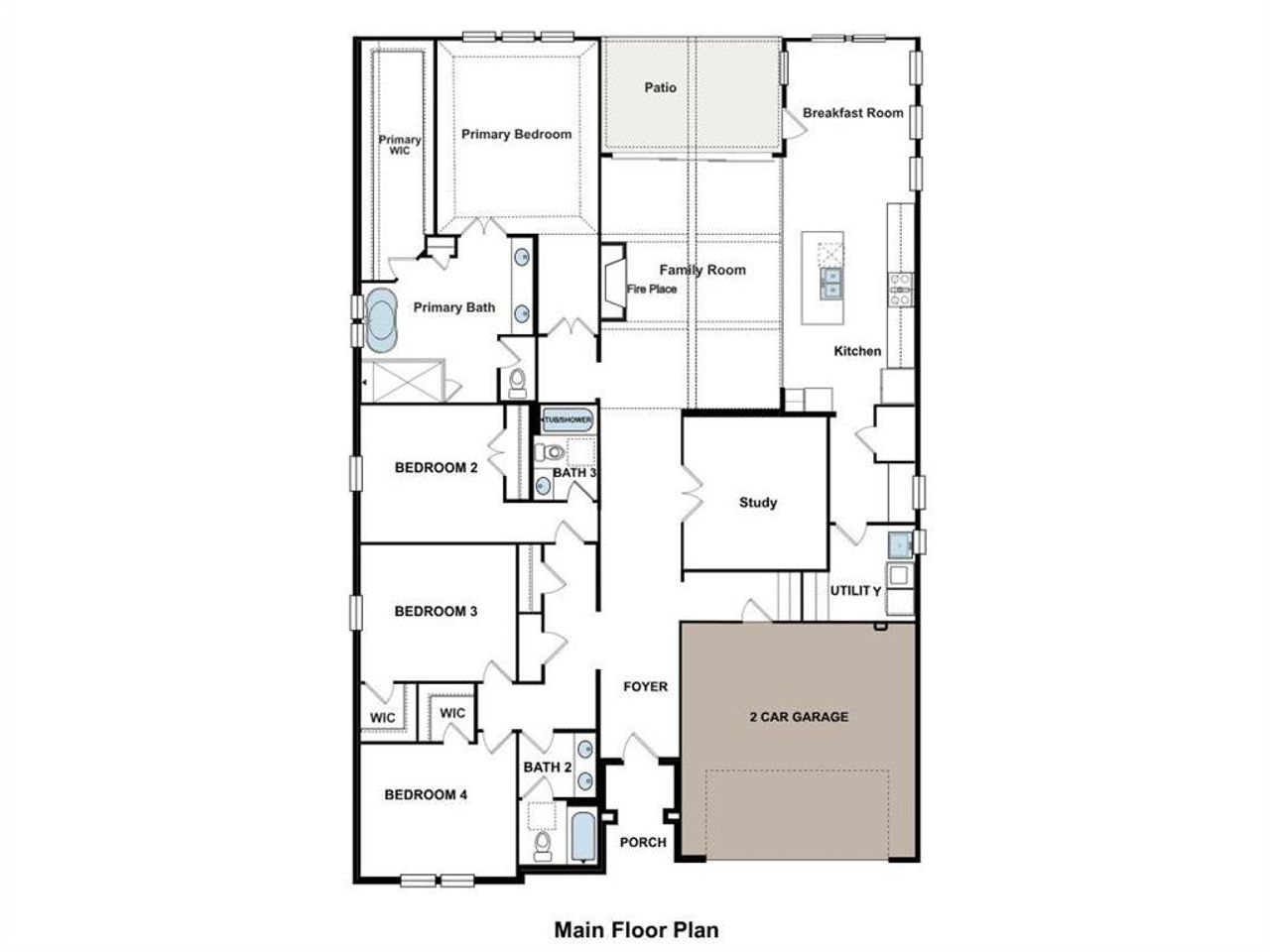2D floor plan layout of this home in Legacy Estates, Mansfield, TX (Image 2).