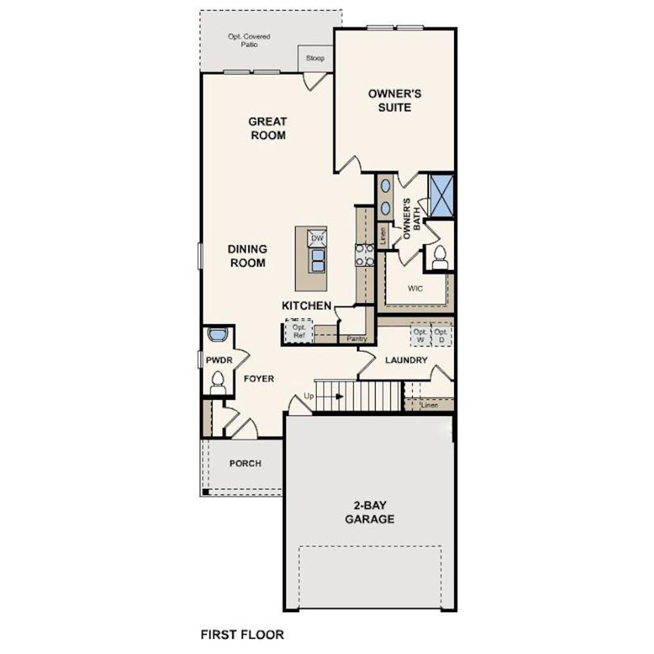First floor layout features an integrated kitchen, dining, and great room, alongside a private owner's suite. First floor layout features an integrated kitchen, dining, and great room, alongside a private owner's suite.