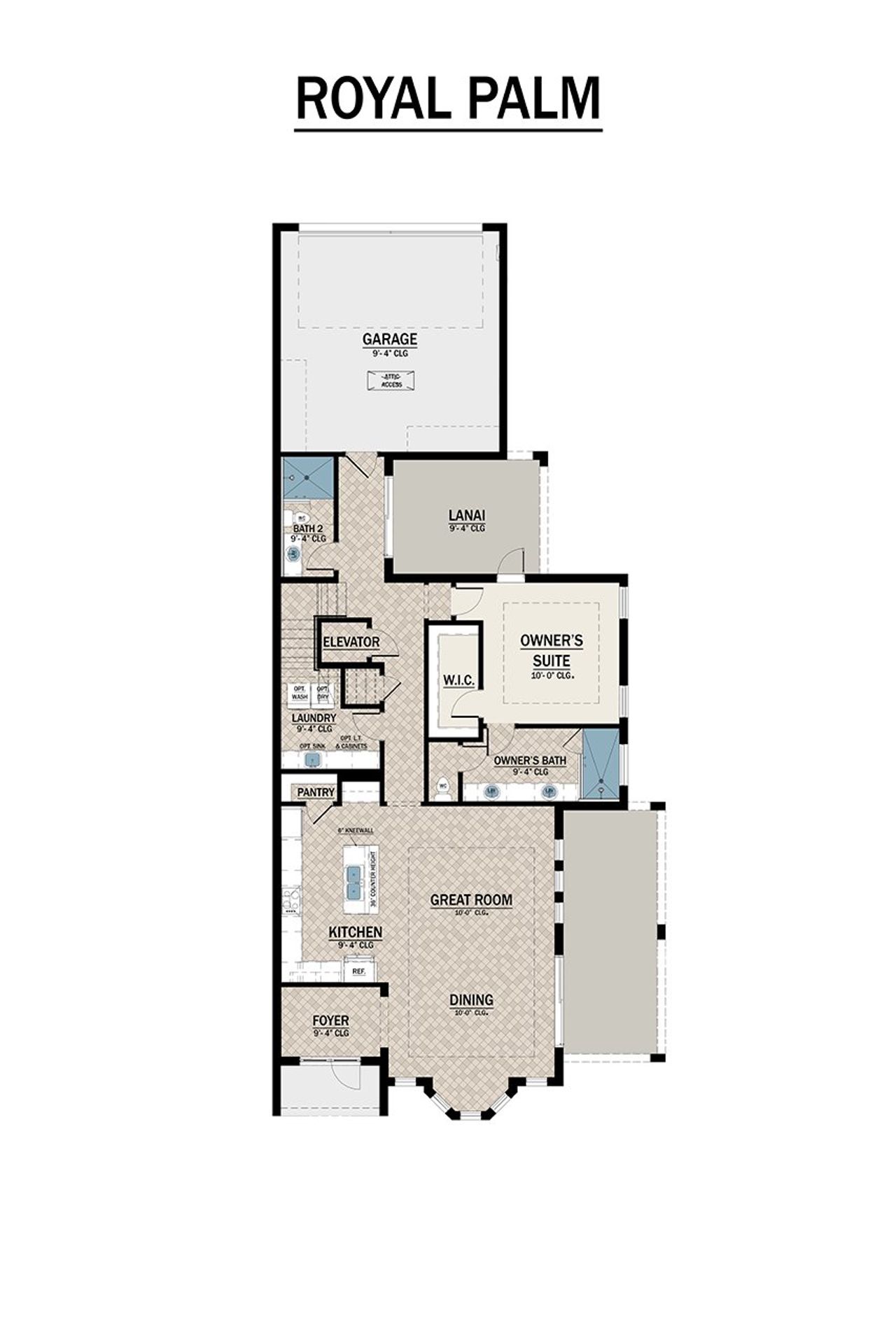 2D floor plan layout for the Royal Palm by Medallion Home in Aqua Townhomes, Bradenton, FL (Image 2).