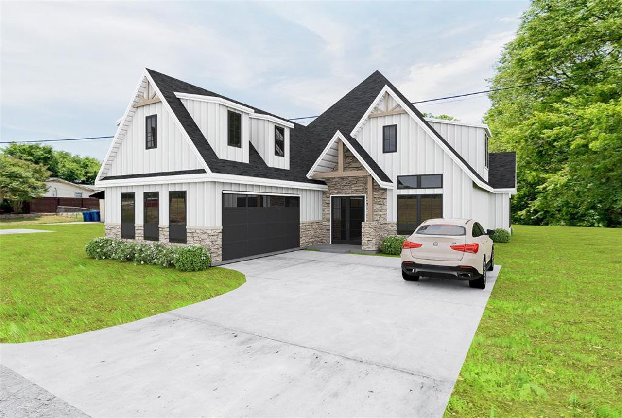 Modern farmhouse exterior featuring white board-and-batten siding, a dark asphalt shingle roof, stone veneer accents, an integrated two-car garage with a dark door, and a concrete driveway