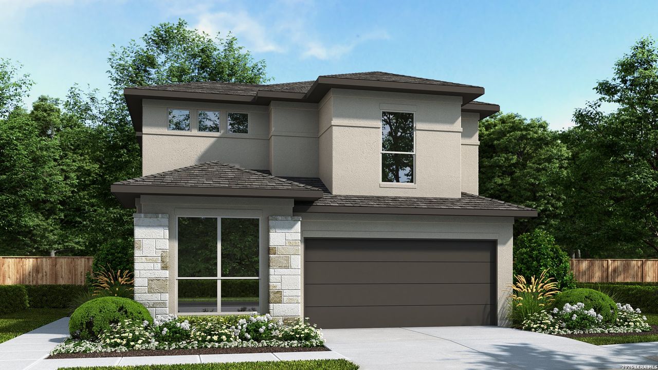 Front exterior of a new home in Legacy at Lake Dunlap, New Braunfels, TX, highlighting curb appeal (Image 2).