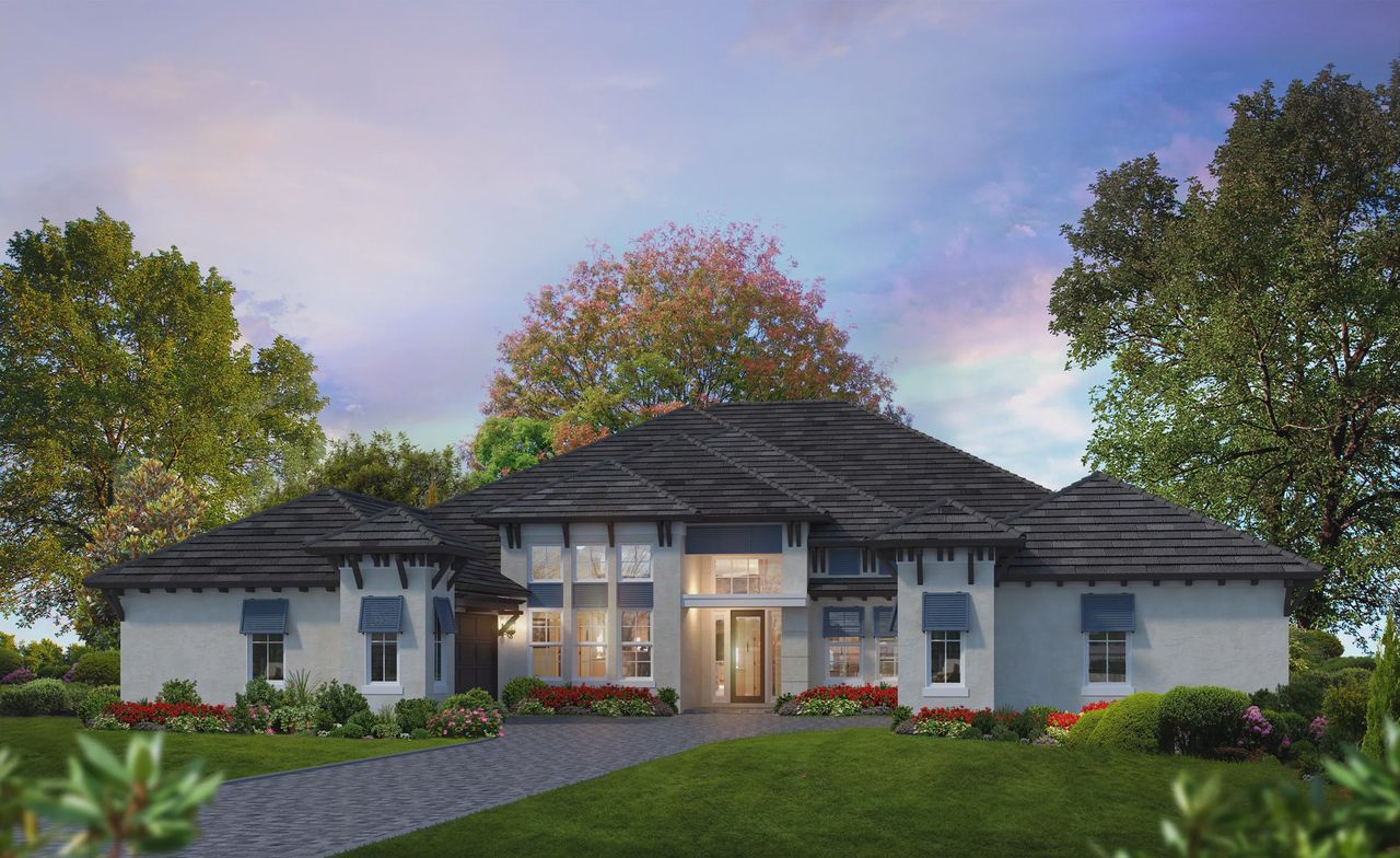 Representative exterior photo of a completed home built from the St. Tropez - Estate Series | 100' Wide Lots by ICI Homes in The Reserve at Plantation Bay, Bunnell, FL (Image 2). Representative exterior photo of a completed home built from the St. Tropez - Estate Series | 100' Wide Lots by ICI Homes in The Reserve at Plantation Bay, Bunnell, FL (Image 2).