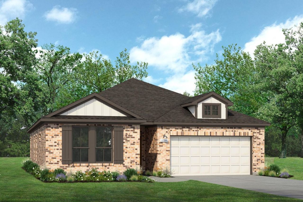 Rendering of one story home with two-tone siding, accents, and garage, and orange tone brick, as well as driveway, and landscaping Rendering of one story home with two-tone siding, accents, and garage, and orange tone brick, as well as driveway, and landscaping