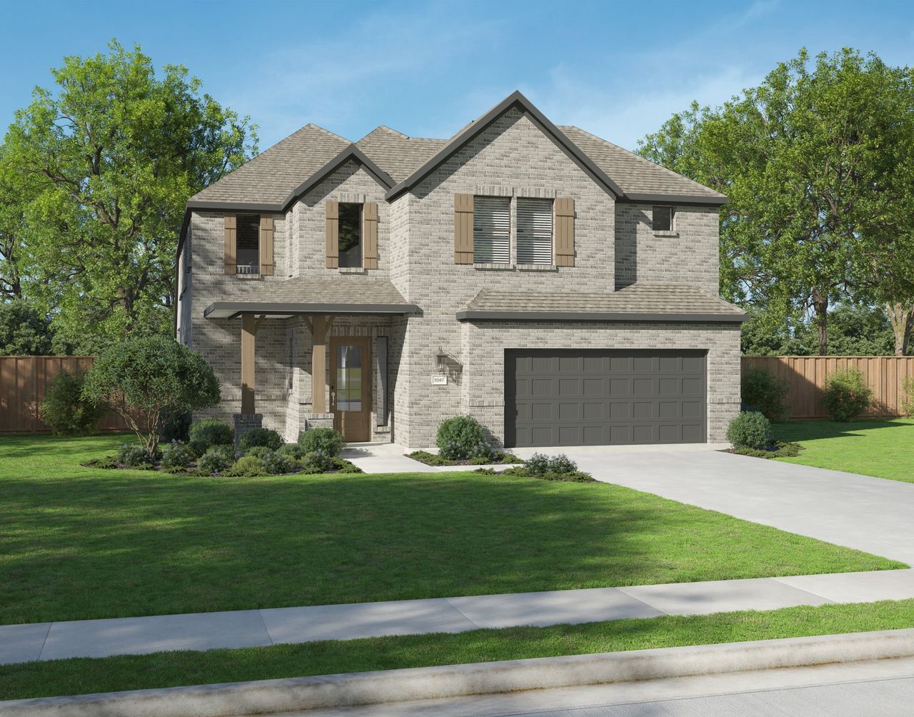 Front exterior of a new home in Painted Tree Woodland West, McKinney, TX, highlighting curb appeal (Image 2).