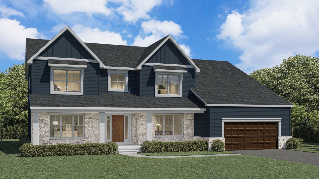 Front exterior of a new home in Fieldstream Estates, Lancaster, NY, highlighting curb appeal (Image 2).